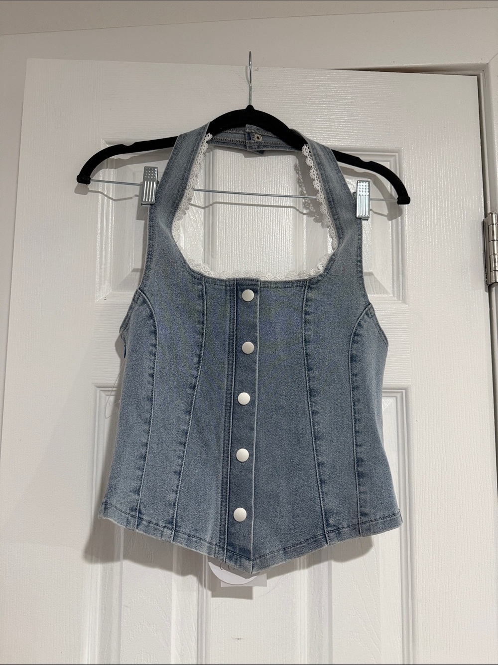 Light Blue Denim Halter Button-Front Camisole
